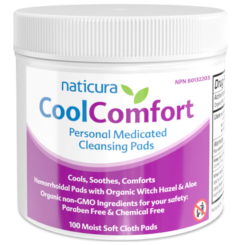 Naticura CoolComfort Personal Cleansing Pads with Organic Witch Hazel and Aloe Vera - All-Natural and Fast Acting Wipes for Hemorrhoid Burning, Itching, Pain and Swelling - 100 Pads - No Parabens
