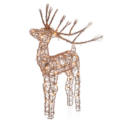 Alpine Corporation 35" Tall Outdoor Lighted Rattan Reindeer Christmas Yard Decoration with 60 Warm White LED Lights for Lawn Display, Brown