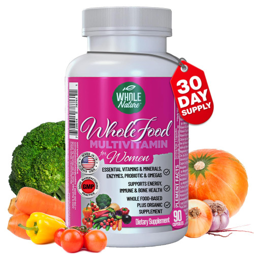 Whole Nature Whole Food Multivitamin for Women Womens Multi Vitamin with Folate, B12 Methyl, Vitamins, Minerals, Probiotics and Omegas, Vegan, Non GMO- 90 Capsules (1) (1)