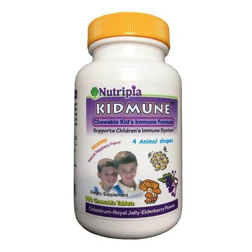 Nutripia Kidmune Kids Immune Booster - 180 Chewable Mini Tabs with Elderberry, Colostrum, Propolis, Beta Glucan, Astragalus, Vitamin C, D, Zinc - Fun 4 Animal Shapes!