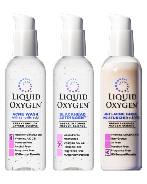 Liquid Oxygen Acne Treatment System for Acne-Prone Skin | Oxygen-Infused | Cleansing Wash, Blackhead Astringent & Hydrating Moisturizer | Blemish Control & Pimple Treatment | Dermatologist-Recommended