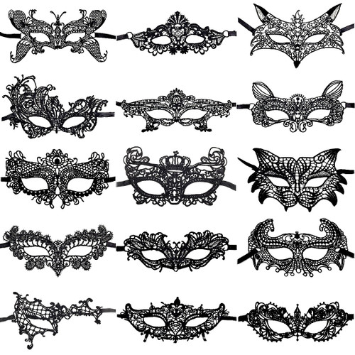 CNYMANY 15 Packs Women's Sexy Flexible Lace Masks Eye-mask for Ball Party Venetian Masquerade Costume - Black