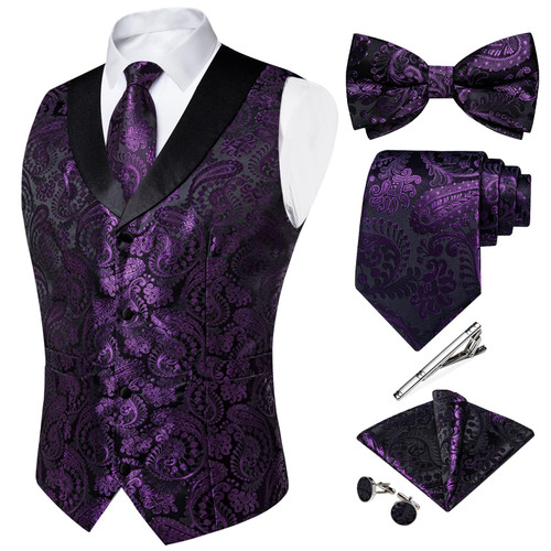 DiBanGu Men's Black and Purple Suit Vest and Bow Tie Set Formal Slim Fit Paisley Shawl Collar Tuxedo Waistcoat and Tie Set with Clip Pocket Square Cufflinks Wedding Party S