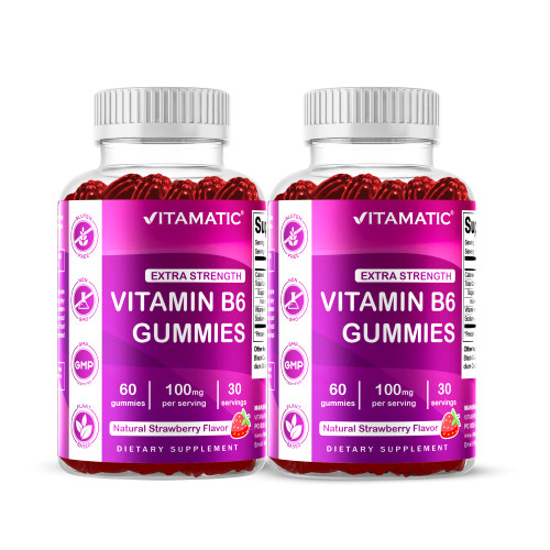 Vitamatic 2 Packs Vitamin B6 100mg Gummies – Natural Strawberry Flavor – 60 Pectin-Based Gummies per Bottle – Nervous System & Energy Support