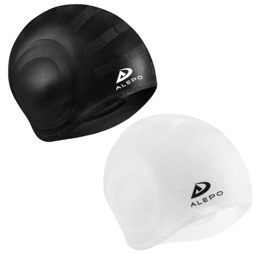 2 Pack Unisex Swim Caps with 3D Ear Protection, Durable Flexible Silicone Swimming Hats for Women Men Kids Adults, Bathing Swimming Caps for Short/Long Hair with Ear Plugs&Nose Clip