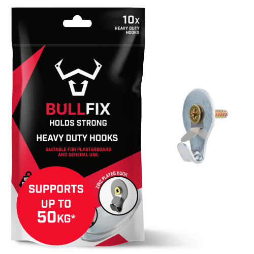 Bullfix Heavy Duty Picture Hooks 10 Pack - Steel Hanging Hardware for Masonry, Timber & Plasterboard Walls, Holds Up to 110 lbs - Heavy Duty Picture Hangers Hold Up to 50kg with Safety Clip