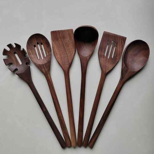 Fiunkes Black Walnut Kitchen Utensils Set 6 Pcs, Dark Wooden Cooking Utensils 14" Long Handle Natural Walnut Wood Flat Spatula, Slotted Turner, Soup Ladle, Skimmer, Pasta Server, Spoons for Cooking