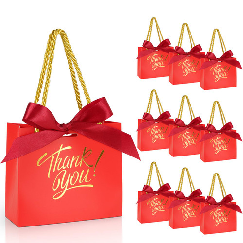 EQOREIIN 30 Pack Small Thank You Gift Bags with Handles 5.5 x 2.4 x 4.7 Inches Mini Red Gift Bags with Bow Ribbon Tiny Party Favor Bag Bulk for Easter Mother's Day Baby Shower Wedding (Red)