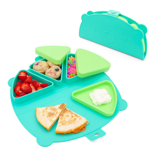 321 Grow Silicone On-The-Go Snack Mat – Foldable Reusable Placemat with 3 Compartments and Lids – Travel-Friendly Baby and Toddler Snack Plate – Dishwasher Safe (Aqua)