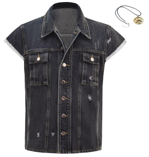 Mens John Marston Costume Denim Vest Halloween Cosplay Outfit Cowboy Dark Grey Jean Vest Sleeveless Jacket (Dark Grey, Large)