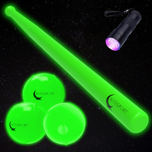 NiteSport Glow in The Dark Plastic Baseball Bat w/ 3 Glow in The Dark Plastic Baseballs Bundle UV Flashlight Included (Electric Lime)