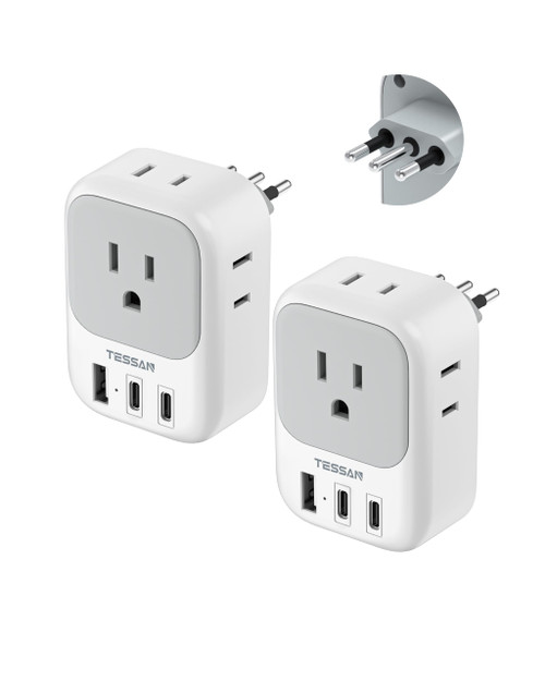 Italy Travel Plug Adapter 2 Pack, TESSAN Type L Adapter for Travel with 4 Outlets 3 USB (2 USB-C), Power Adaptor for US to Italy Chile Rome Uruguay Milan Libya
