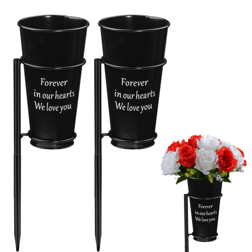 Metal Cemetery Vase Flower Holder with Spikes in Ground Grave Vases for Gravesite Gravestone Memorial Grave Markers Cemetery Decorations (2Pcs, Black)