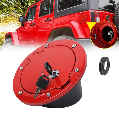 JeCar Fuel Filler Door Locking Gas Cap Cover Exterior Accessories for Jeep Wrangler 2007-2018 JK & Unlimited, Red