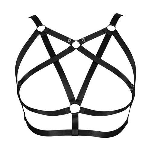 Plus Size Womens Pentagram Body Harness Bra Hollow Out Bra Tops Punk Lingerie Halloween Rave (Black)