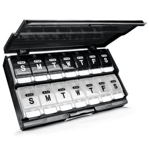 Extra Large Weekly Pill Organizer 2 Times a Day - Remtise Am/Pm Daily Pill Case Medicine Organizer, Push Button 7 Day Pill Box for Pills/Vitamin/Cod Liver Oil/Supplements (Black & White)
