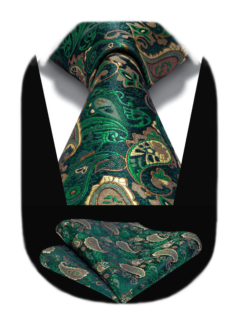 HISDERN Green Ties for Men Paisley Mens Tie Pocket Square Woven Classic Floral Tie Handkerchief Set Tuxedo Wedding Formal Necktie Emerald Forest Green
