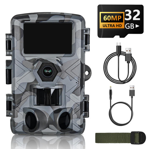 Trail Camera, 60MP Hunting Camera with WiFi, 32GB TF Card, Night Vision, Motion Activated, IP66 Waterproof, 120°Wide-Angle for Deer Scouting or Home Security, APP Control, H.264 MP4 Video Trail Camera, 60MP Hunting Camera with WiFi, 32GB TF Card, Night Vision, Motion Activated, IP66 Waterproof, 120°Wide-Angle for Deer Scouting or Home Security, APP Control, H.264 MP4 Video