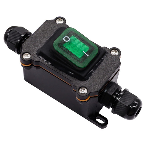 Hmknana IP67 Waterproof Inline Cord Switch 16A/250V 20A/125V AC DPST 4Pin 2 Position On Off Outdoor Toggle Switch with Green Light Rocker Button,Two-Side Entry & Exit Line
