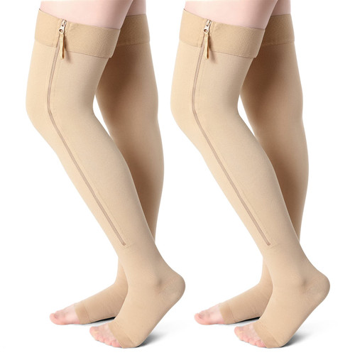 2 Pairs Open Toe Thigh High Zipper Compression Socks 20-30 mmHg Zipper Compression Stockings for Women Men Swelling Edema (Skin Color, Large)