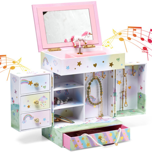 Jewelkeeper Kids Jewelry Box - Unicorn Theme - Musical Jewelry Box with Drawers - Artificial Wood Material - Includes Fancy Mirror and Twirling Figurine - Perfect for Girls Jewelkeeper Kids Jewelry Box - Unicorn Theme - Musical Jewelry Box with Drawers - Artificial Wood Material - Includes Fancy Mirror and Twirling Figurine - Perfect for Girls