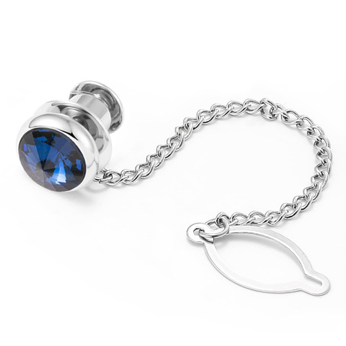 Dannyshi Tie Pins for Men Silver Tie Pins with Chain, Tie Tack Pins Brooch Personalized Wedding Business Gifts (Blue crystal)