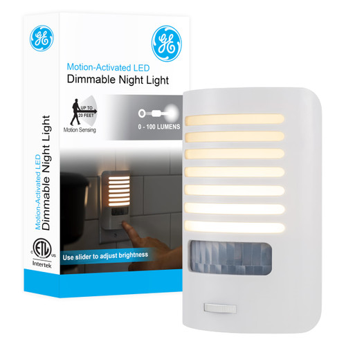 GE LED Night Light, Motion Sensing, Dimmable, Louver Shade, White, Plug-in, UL-Certified, Ideal Nightlight for Bedroom, Bathroom, Kitchen, Hallway and More, 67555