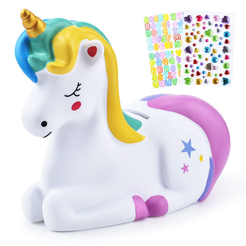 PJDRLLC Piggy Bank Girls: Unicorn Piggy Banks - Unbreakable Plastic Coin Money Bank with Alphabet Stickers - Rainbow