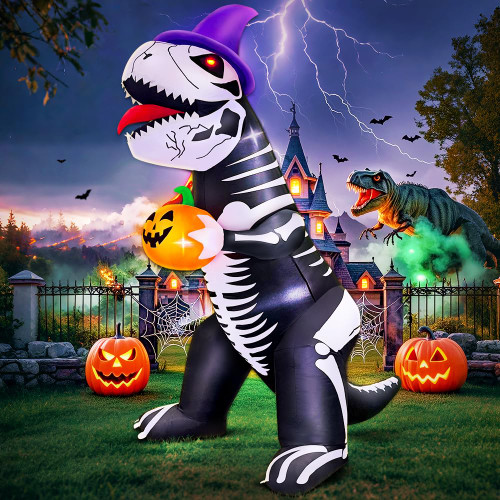 8FT Halloween Inflatables Outdoor Decorations, Halloween Blow Ups Inflatable Skeleton Dinosaur with Pumpkin for Outside Garden Decor, Halloween Decorations Outdoor