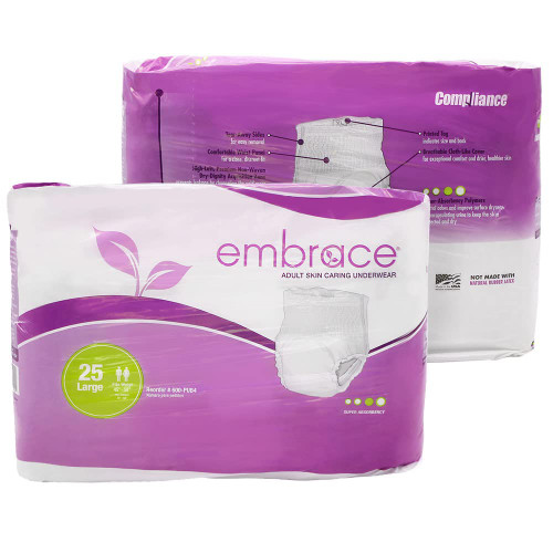 Embrace Premium Protection Incontinence Underwear, Maximum Absorbency and Protection, Breathable Cloth for Exceptional Comfort, Odor Protection, Discreet Fit, Large, Pack of 25