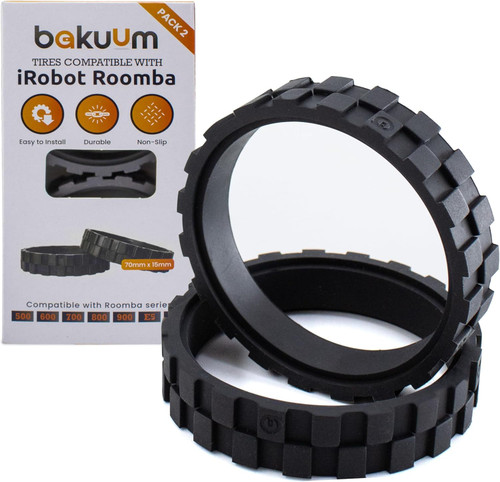 BAKUUM Tires for IROBOT ROOMBA Wheels Series 500, 600, 700, 800, 900 e5 e6 i7 Anti-slip, Great Adhesion and Easy Assembly. Includes blade to facilitate the removal of the old tire. (Black)