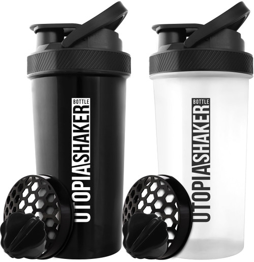 Utopia Home Protein Shaker Bottle - (Pack of 2) 28-Ounce Shaker bottles For Protein Mixes - Fitness Sports Classic Protein Mixer Shaker Bottle (Black & Clear/Black)