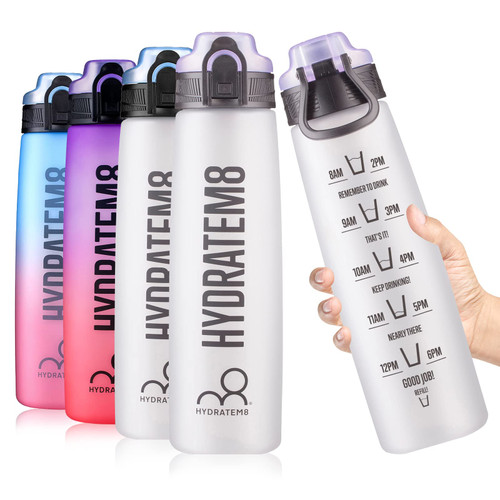 HYDRATEM8 - Active Motivational Sports Water Bottle with Time Markings, BPA Free, Drinks Bottle, 32oz - Frosted