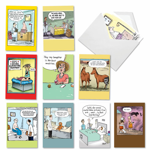 NobleWorks - 10 Get Well Cards Funny - Assorted Cartoon Humor, Hilarious Feel Better Soon Greeting Cards, Boxed Set - Sick Jokes AC3684GWG-B1x10