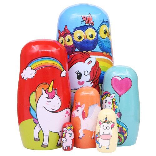 Winterworm Set of 6 Lovely Unicorn Wooden Russian Nesting Dolls Matryoshka Doll for Home Decoration Kids Stacking Dolls Toy Birthday
