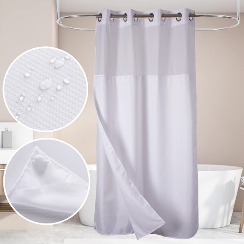 Ecoehoe 48" W x74“ L Hook Free Fabric Stall Shower Curtain with Polyester Snap-in Liner with Magnets–Hotel Quality Top See Through White