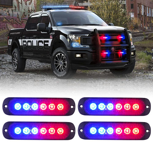 Xprite 4PCS LED Emergency Strobe Lights, Red Blue 12-LED Surface Mount Flashing Strobe Lights, Sync Feature Ultra Slim Grill Light for Volunteer Trucks ATV SUV Vehicles