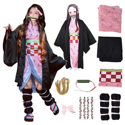 UQJE Kids Kamado Tanjir Cosplay Costumes Anime Tanjir Cosplay Outfit Halloween Kimono Set-L