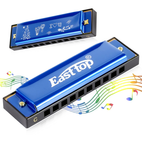 East top Blues Harmonica, Diatonic Harmonica Key of C 10 Holes 20 Tones Mouth Organ harmonica For Adults, Kids, Beginners, Professionals and Students as gift (Blue)