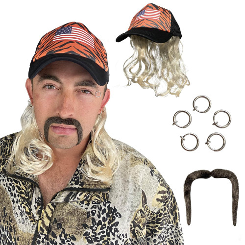 Watt's Wigs - Exotic Tiger Joe Costume Kit, Blonde Mullet Wig with Hat, Clip on Earrings, and Mustache - One Size Fits All