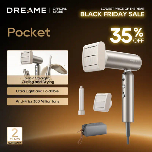 DREAME Pocket Styling High Speed Hair Dryer Folding Travel Quick Dry Home Curly Hair Negative Ion Hair Dryer Blowdryer Hairdryer Fast Drying