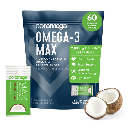 Coromega MAX 2400mg Omega-3 Fish Oil + Vitamin D Squeeze Packets, Wild-Caught, No Fishy Taste - 3X Better Absorption Than Softgels, Supports Brain & Heart Health (60 Servings, Coconut Bliss)