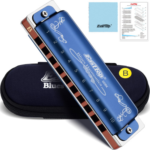 East top Diatonic Harmonica Key of B, 10 Holes 20 Tones 008K Blues Mouth Organ Harmonica with Blue Case, Standard Harmonica For Adults, Professionals and Students