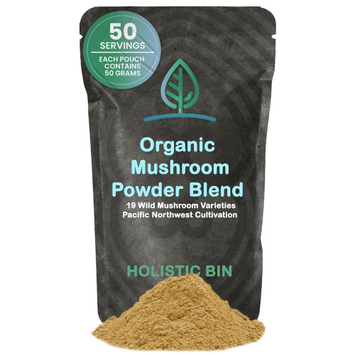 Holistic Bin Mushroom Blend Powder – 19 Wild Harvested Varieties (Lion's Mane, Reishi, Enoki, Mesima, Turkey Tail, Cordyceps, & More) – Adaptogenic Mushrooms – Made in The USA – 50 Grams
