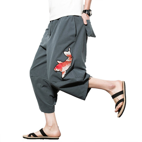 INVACHI Men's Harem Capri Pants Elastic Waist Loose Fit Drawstring Beach Yoga Trousers with Pockets A-Grey