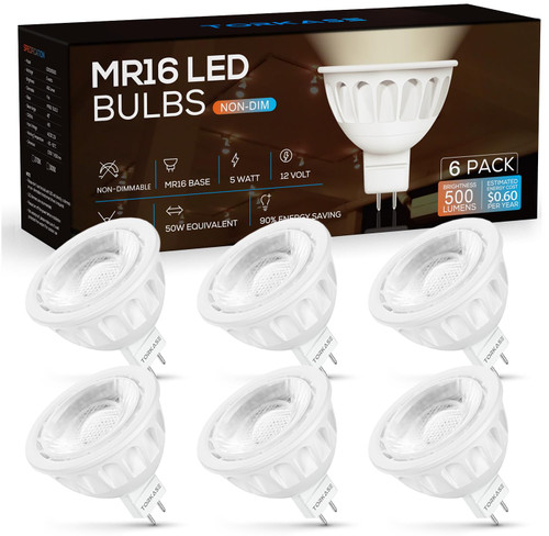 MR16 LED Bulb, 12V 5W(50W Halogen Equivalent), GU5.3 Bi Pin Base, 6000K Daylight White, Non-Dimmable, 40 Degree Spotlight Bulbs, LED MR16 for Indoor/Outdoor Landscape, Recessed, Track Lighting, 6 Pack