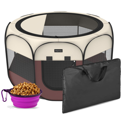 Portable Pet Playpen, 8-Panel Indoor/Outdoor Puppy Pen with Shade Cover & Travel Bag - Waterproof Dog Cat Tent Includes Collapsible Bowl