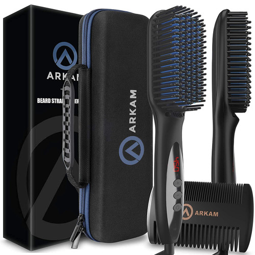 Arkam Beard Straightener for Men -Premium Heated Beard Brush Kit w/Anti-Scald Feature, Dual Action Hair Comb and Hard Shell Travel Case for Medium to Long Beards - Costume and Grooming Gifts for Men