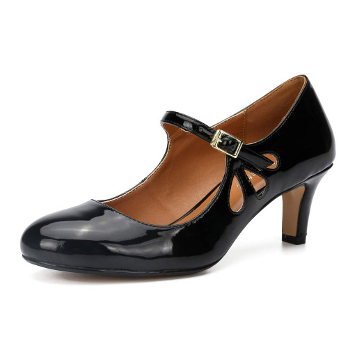 fereshte Women's Men's Mary Jane Hollow Out Round Toe Mid Kitten Heel Pumps Shoes Patent Black EU46-13.5 Women / 12 Men