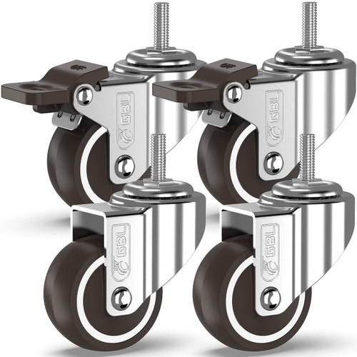 GBL 2" Heavy Duty Caster Wheels with 2 Brakes + Bolts - up to 440Lbs - Set of 4 No Floor Marks Silent Castor for Furniture - Rubbered Trolley or Pallet Swivel Wheels
